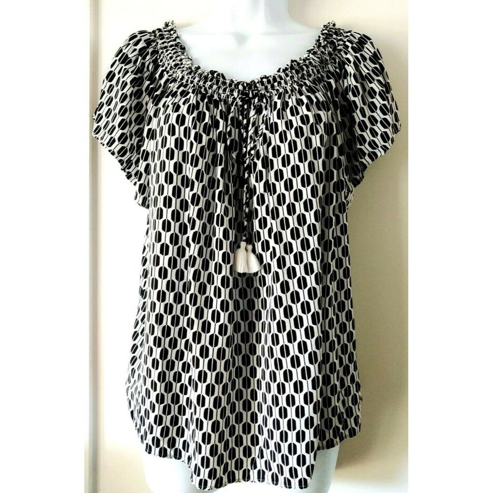 KATE SPADE Medium Black & White Arrow Stripe Rayon Peasant Cap Sleeves Blouse